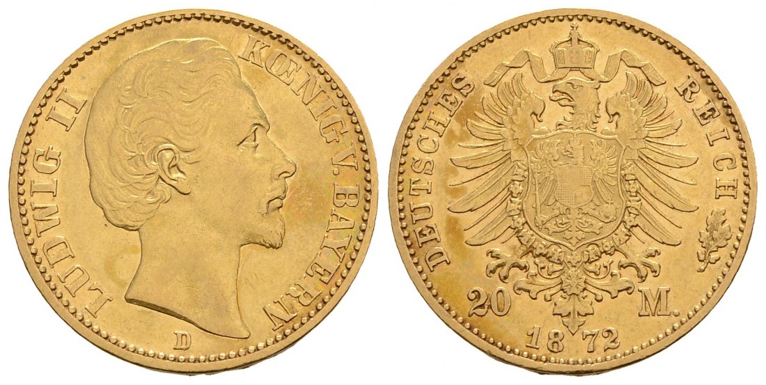 PEUS 4120 Kaiserreich - Bayern 7,16 g Feingold. Ludwig II. (1864 - 1886) 20 Mark GOLD 1872 D München Sehr schön