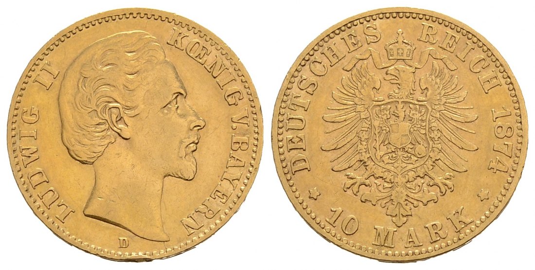 PEUS 4162 Kaiserreich - Bayern 3,58 g Feingold. Ludwig II. (1864 -1886) 10 Mark GOLD 1874 D München Sehr schön