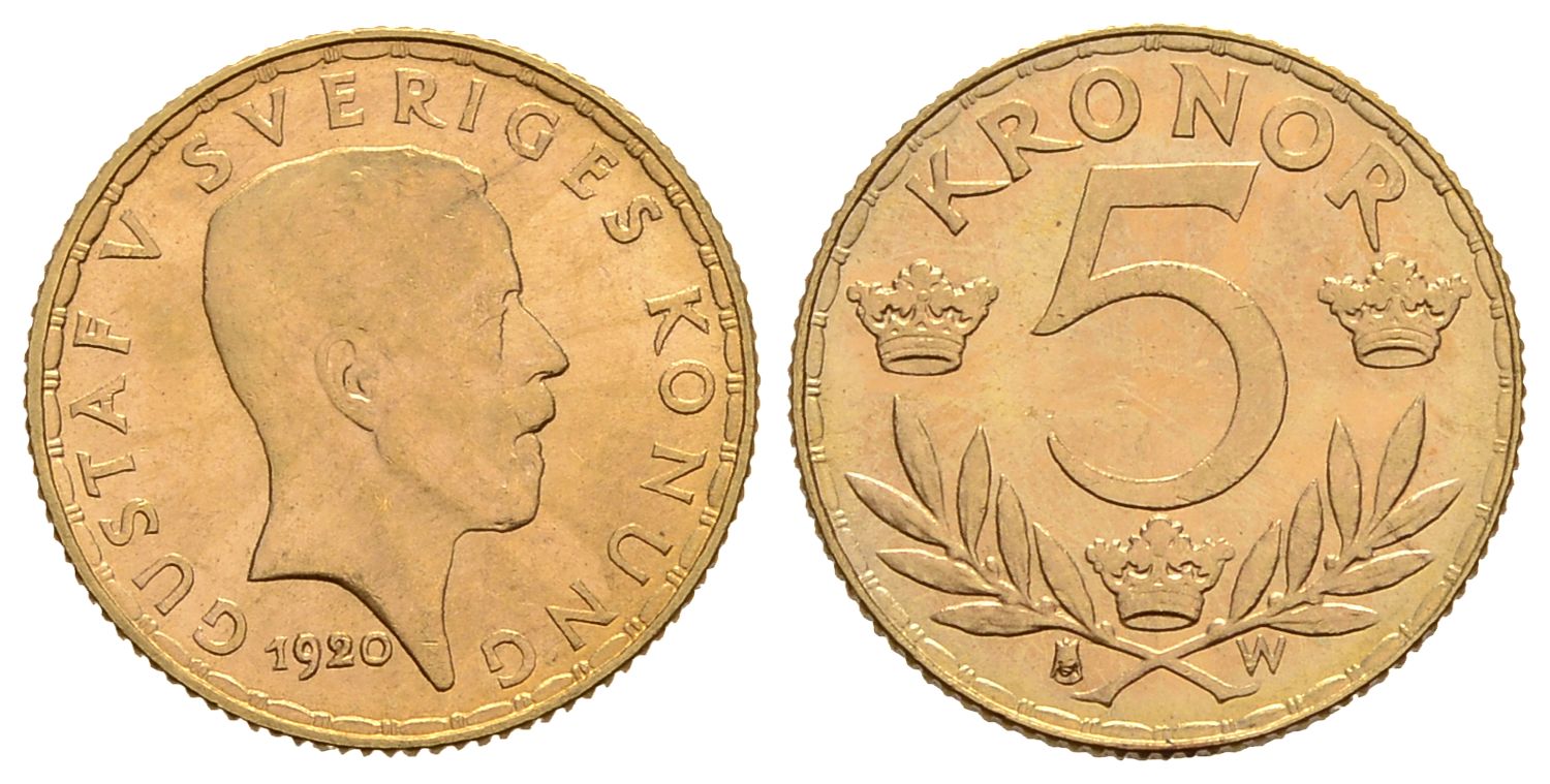 PEUS 4168 Schweden 2,02 g Feingold. Gustaf V. (1907 - 1950) 5 Kronor GOLD 1920 W Vorzüglich