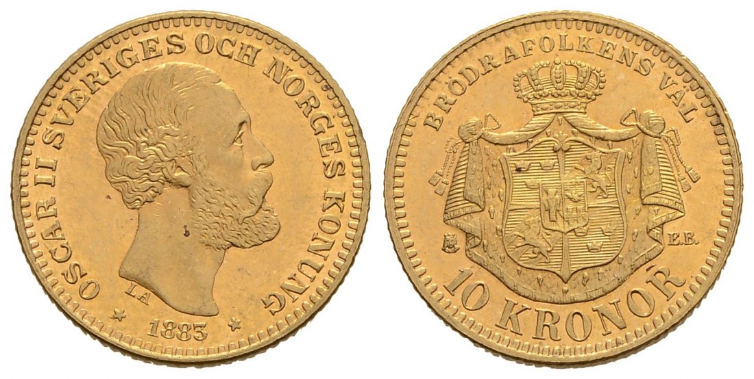 PEUS 4169 Schweden 4,03 g Feingold. Oscar II. 10 Kroner GOLD 1883 EB Vorzüglich