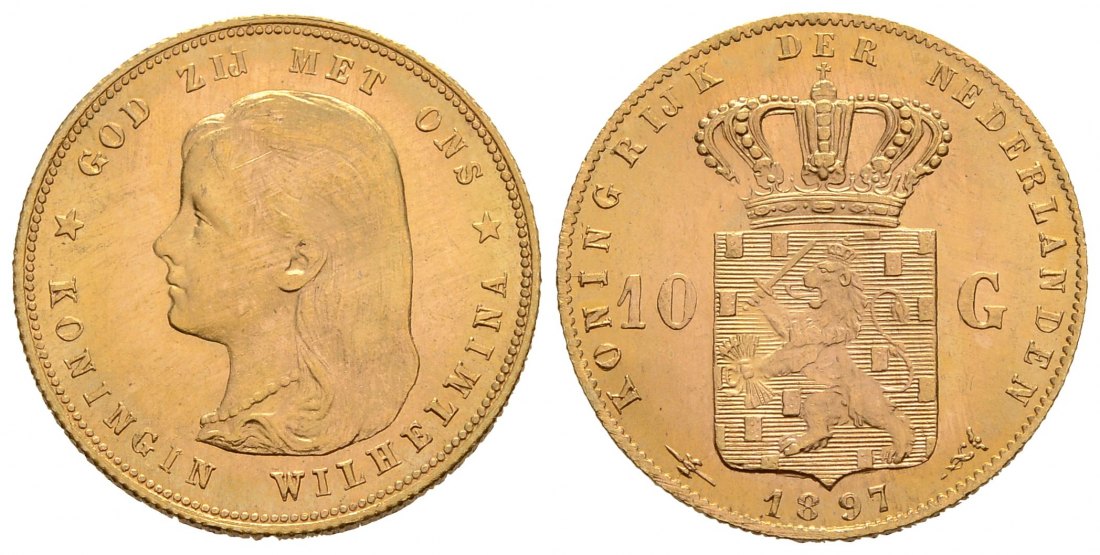 PEUS 4171 Niederlande 6,06 g Feingold. Wilhelmina III. (1890 - 1948) 10 Gulden GOLD 1897 Kl. Kratzer, Vorzüglich +