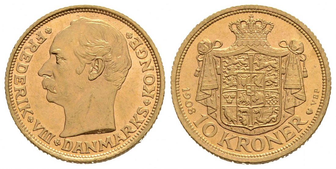 PEUS 4172 Dänemark 4,03 g Feingold. Herz= Kopenhagen Friedrich VIII. (1906 - 1912) 10 Kronen GOLD 1908 VBP Vorzüglich