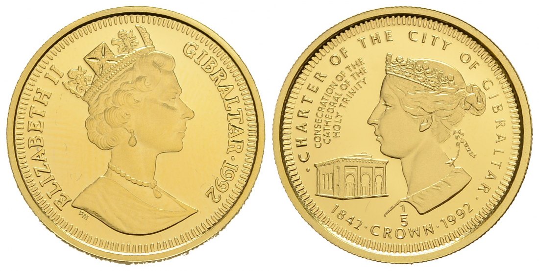 PEUS 4173 Gibraltar 6,21 g Feingold. Elisabeth II. / Kathedrale Heiligen Dreifaltigkeit Nur 5.000 Exemplare! 1/5 Crown GOLD 1992 Proof
