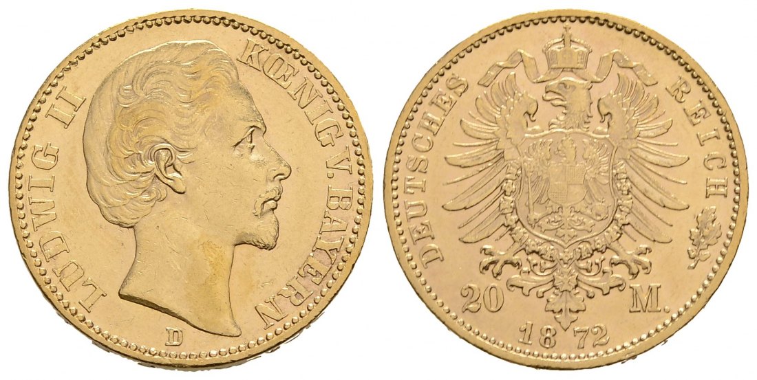 PEUS 4176 Kaiserreich - Bayern 7,16 g Feingold. Ludwig II. (1864 - 1886) 20 Mark GOLD 1872 D München Sehr schön