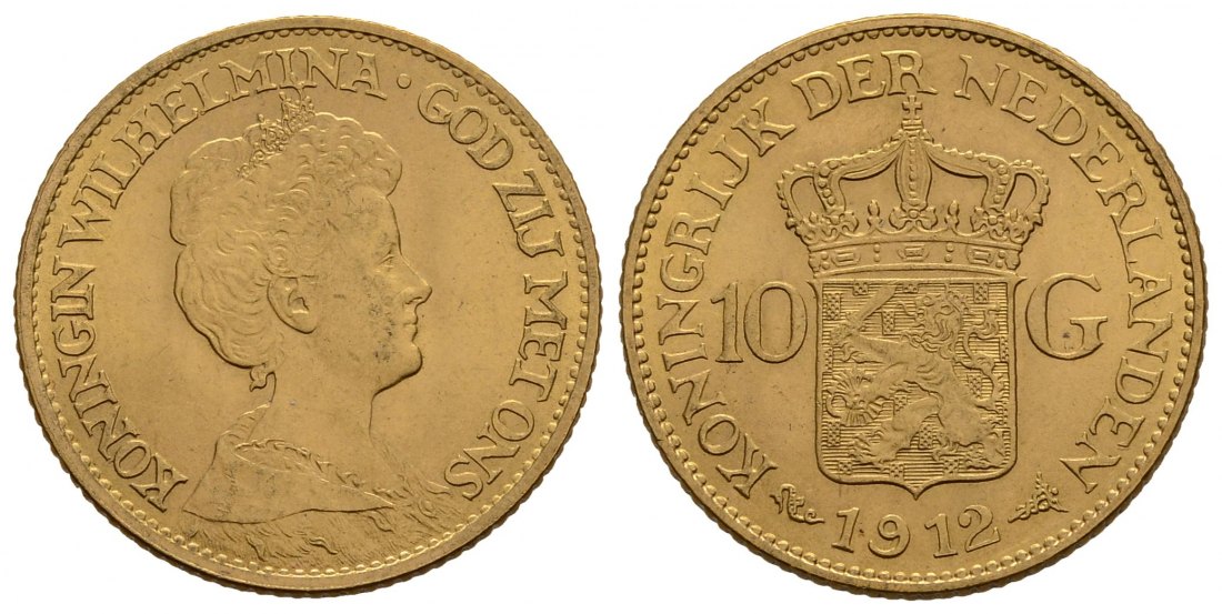 PEUS 4180 Niederlande 6,06 g Feingold. Wilhelmina (1890 - 1948) 10 Gulden GOLD 1912 Kl. Kratzer, Vorzüglich