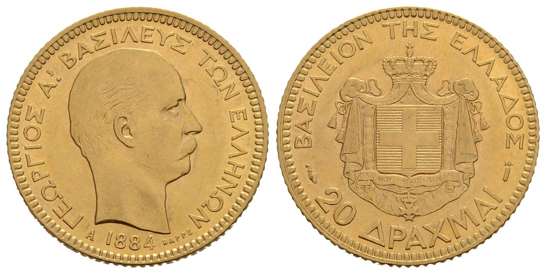 PEUS 4184 Griechenland 5,81 g Feingold. Georg I. (1863 - 1913) 20 Drachmen GOLD 1884 A Kl. Kratzer, Sehr schön +
