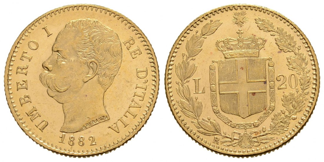 PEUS 4187 Italien 5,81 g Feingold. Umberto I. (1878 - 1900) 20 Lire GOLD 1882 R Rom Kl. Kratzer, Sehr schön