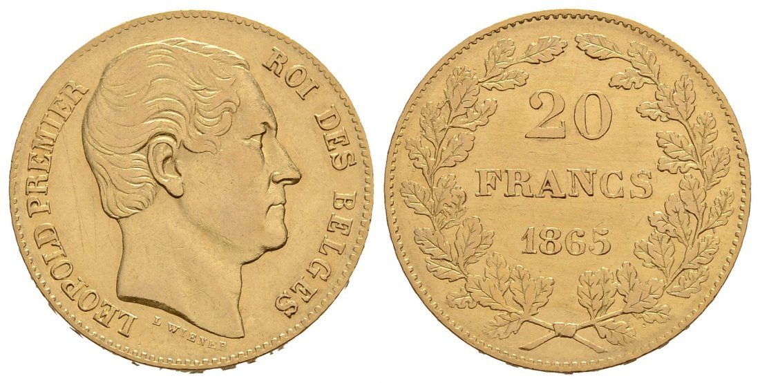 PEUS 4188 Belgien 5,81 g Feingold. Leopold I. (1831 - 1865) 20 Francs GOLD 1865 L.WIENER Sehr schön