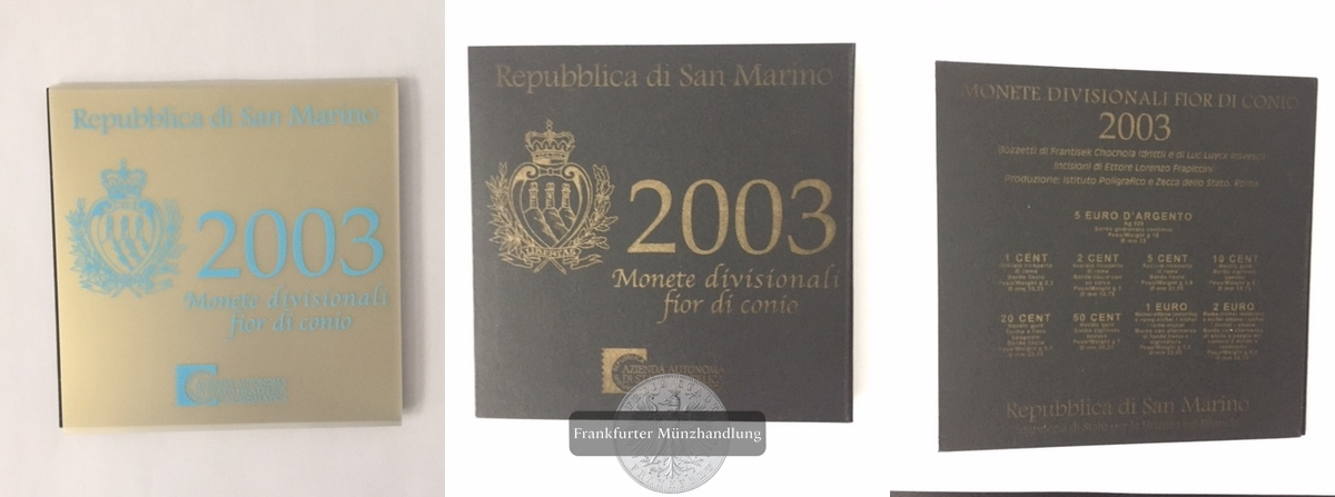  San Marino  Euro-Kursmünzensatz  2003 inkl. 5 Euro Münze FM-Frankfurt Feinsilber: 16,6g   