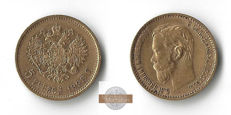 Russland,  5 Rubel MM-Frankfurt Feingold: 3,87g Zar Nikolaus II. (1894-1917) 1898 