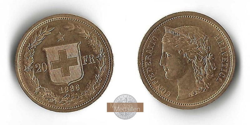 Schweiz MM-Frankfurt Feingold: 5,81g 20 sFR Helvetica 1886 