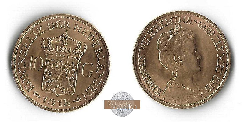 Niederlande MM-Frankfurt  Feingold: 6,06g 10 Gulden 1912 