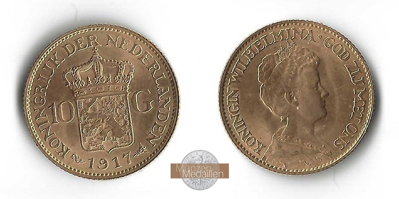 Niederlande MM-Frankfurt  Feingold: 6,06g 10 Gulden 1917 