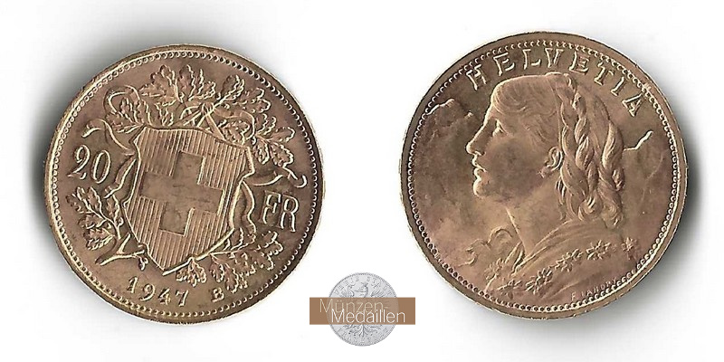 Schweiz  20sFR MM-Frankfurt Feingold: 5,81g Vreneli 1947 B 