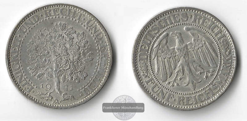  Deutschland, Weimarer Rep. 5 Reichsmark 1931 A FM-Frankfurt  Feingewicht: 12,5g Silber sehr schön/vz   