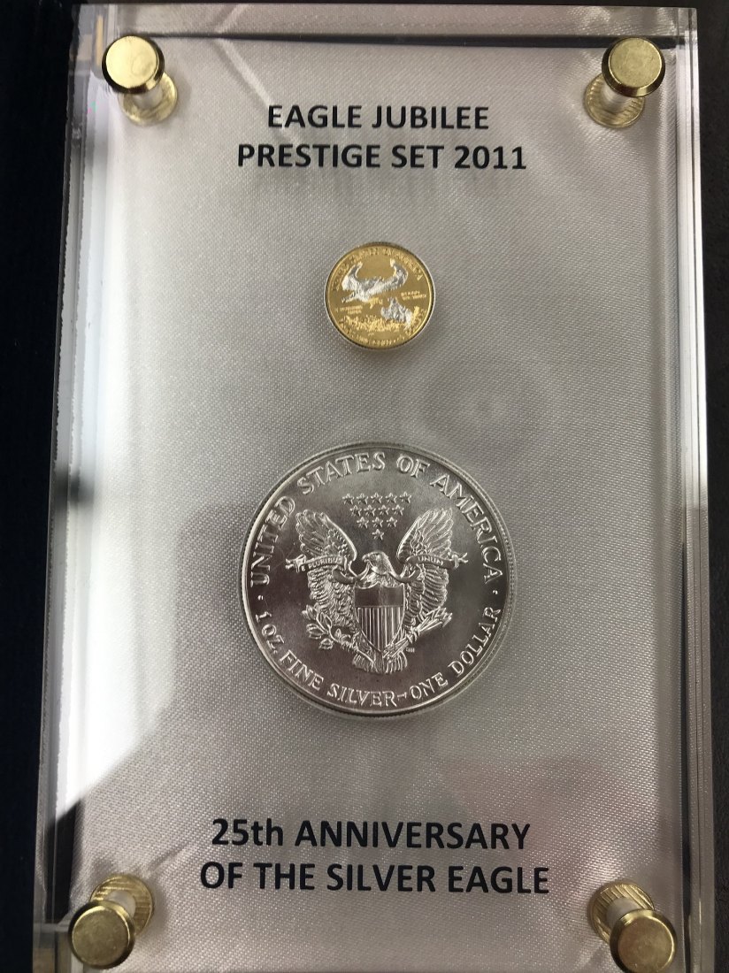 PEUS USA 31,1 g Feinsilber + 3,11 g Feingold incl. Originalverpackung + Zertifikat Eagle Jubilee Prestige Set (2 Münzen) 2011 Uncirculated (Acrylrahmen)