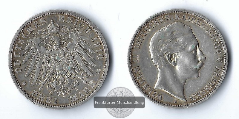  Preussen, Kaiserreich  3 Mark  1910 A  Wilhelm II. 1888-1918    FM-Frankfurt   Feinsilber: 15g   