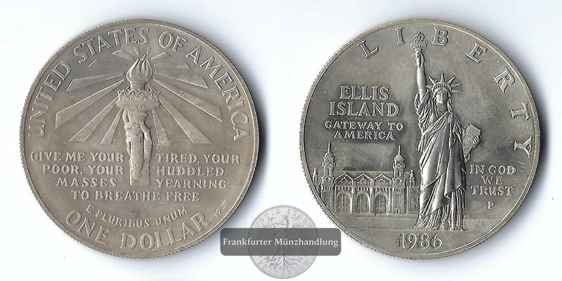  USA,  1 Dollar 1986 P   Ellis Island  FM-Frankfurt   Feinsilber: 24,06g   