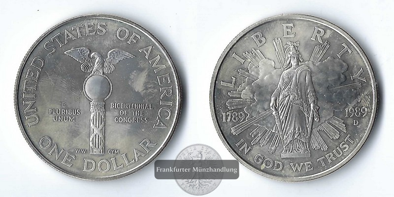  USA,  1 Dollar   1989 D    Bicentennial of the Congress     FM-Frankfurt   Feinsilber: 24,06g   