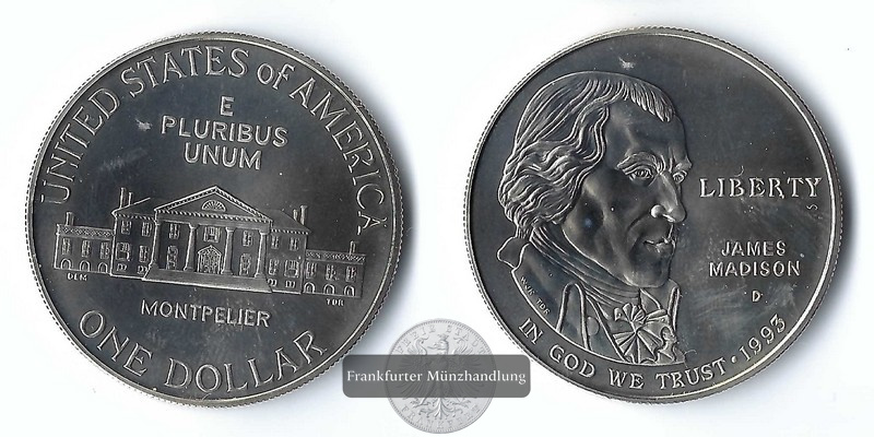  USA,  1 Dollar   1993 D    James Madison and Bill of Rights    FM-Frankfurt  Feinsilber: 24,06g   