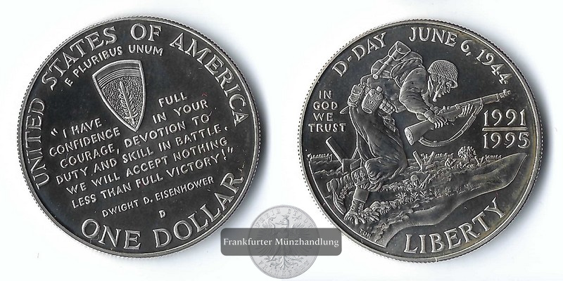  USA,  1 Dollar   1995 D    World War II 50 Anniversary     FM-Frankfurt  Feinsilber: 24,06g   