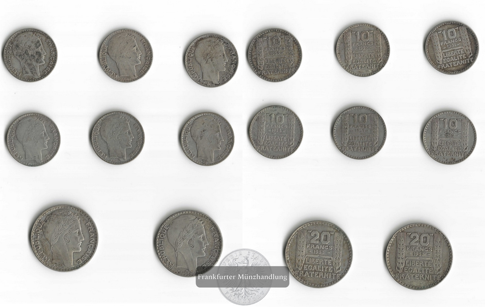  Frankreich Lot 2 x 20 Francs 1929-1939 & 6 x 10 Frances 1929-1939 FM-Frankfurt  Feinsilber: 67,63g   