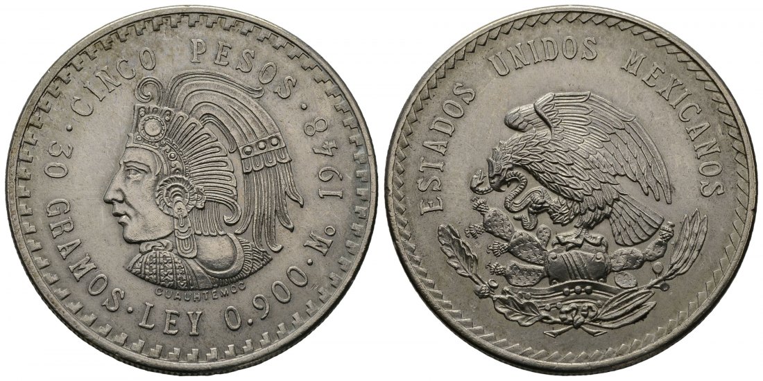PEUS 4195 Mexiko 27 g Feinsilber. Cuauhtémoc letzter aztekische Herrscher von Tenochtitlán 5 Pesos SILBER 1948 Kl. Kratzer, Vorzüglich +