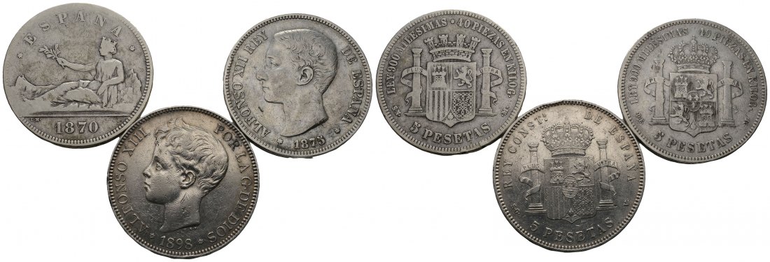 PEUS 4198 Spanien Insg. 67,5 g Feinsilber. Alfonso XII. + XIII. 5 Pesetas-Lot SILBER (3 Münzen) 1870,75,98 Meist Sehr schön