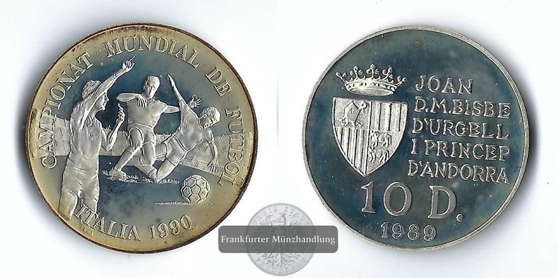  Andorra,  10 Dinar 1989  World Cup, 1990   FM-Frankfurt  Feinsilber: 11,10g   