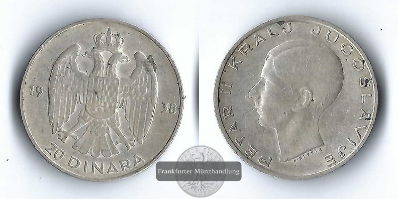  Jugoslawien,  20 Denar  1938  Petar II.    FM-Frankfurt     Feinsilber: 6,75g   