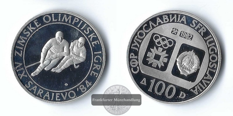  Jugoslawien,  100 Denar  1982  Olympische Winterspiele in Sarajevo  FM-Frankfurt  Feinsilber: 12,03g   