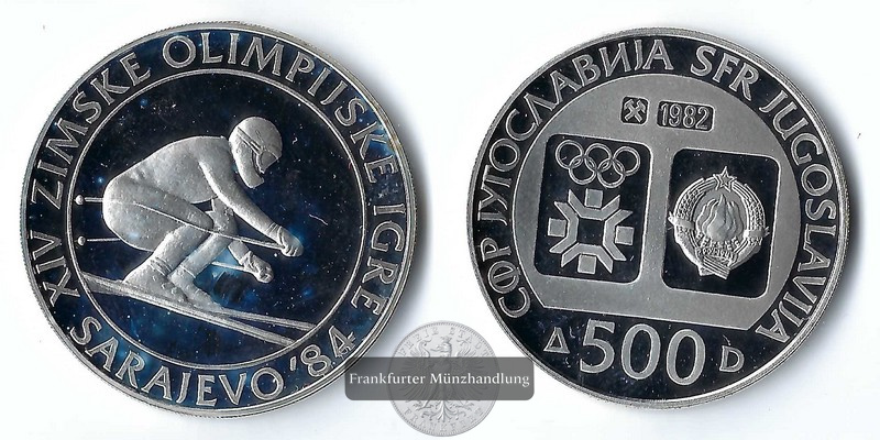 Jugoslawien,  500 Denar  1982  Winter Olympics in Sarajevo 1984   FM-Frankfurt  Feinsilber: 24,98g   