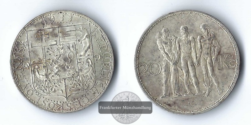  Tschechoslowakei,  20 Kronen 1933  FM-Frankfurt  Feinsilber: 8,4g   