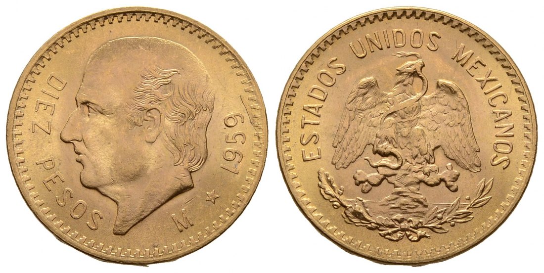 PEUS 4211 Mexiko 7,5 g Feingold. Miguel Hidalgo y Costilla 10 Pesos GOLD 1959 M Kl. Kratzer, fast Stempelglanz