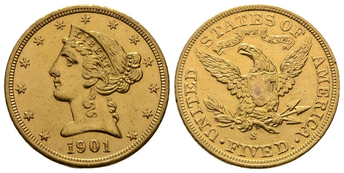 PEUS 4220 USA 7,52 g Feingold. Coronet Head 5 Dollars GOLD 1901 S Sehr schön