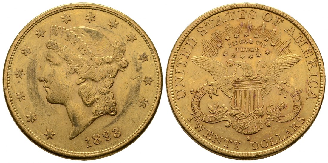 PEUS 2472 USA 30,1 g Feingold. Coronet Head in US-Plastic Holder 20 Dollars GOLD 1893 S Sehr schön +