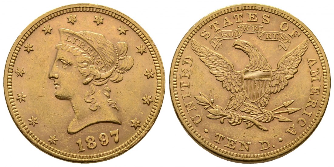 PEUS 4222 USA 15,05 g Feingold. Coronet Head 10 Dollars GOLD 1897 Kl. Kratzer, fast Vorzüglich