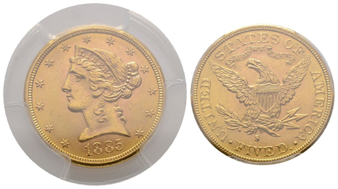 PEUS 4240 USA 7,52 g Feingold. Coronet Head in Plastic-Holder 5 Dollars GOLD 1885 S PCGS-Bewertung MS63/ Vorzüglich
