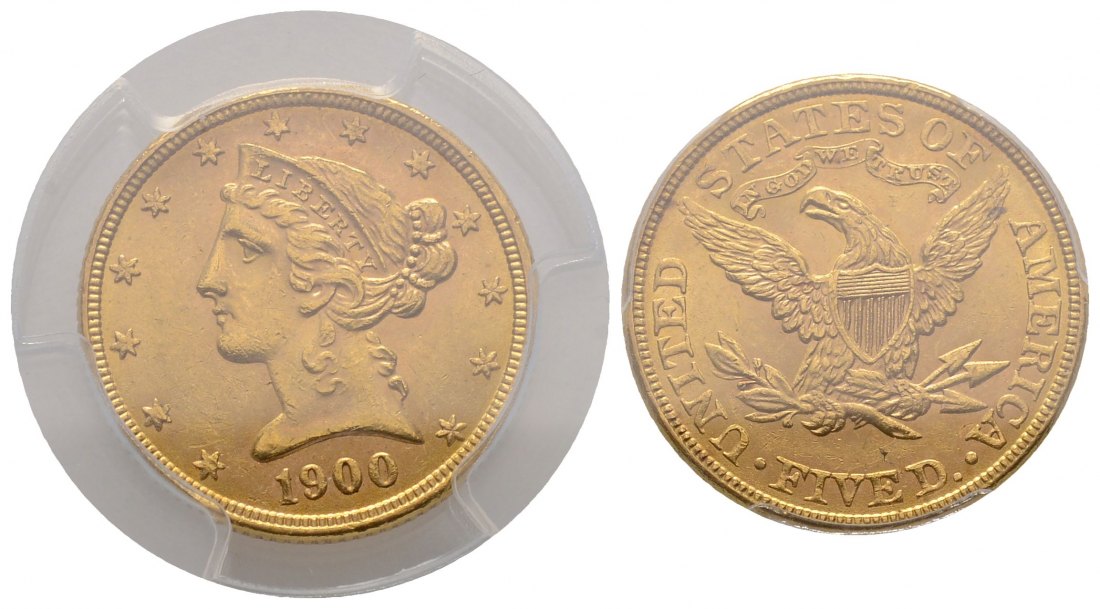 PEUS 4241 USA 7,52 g Feingold. Coronet Head in Plastic-Holder 5 Dollars GOLD 1900 PCGS-Bewertung MS63/ Vorzüglich