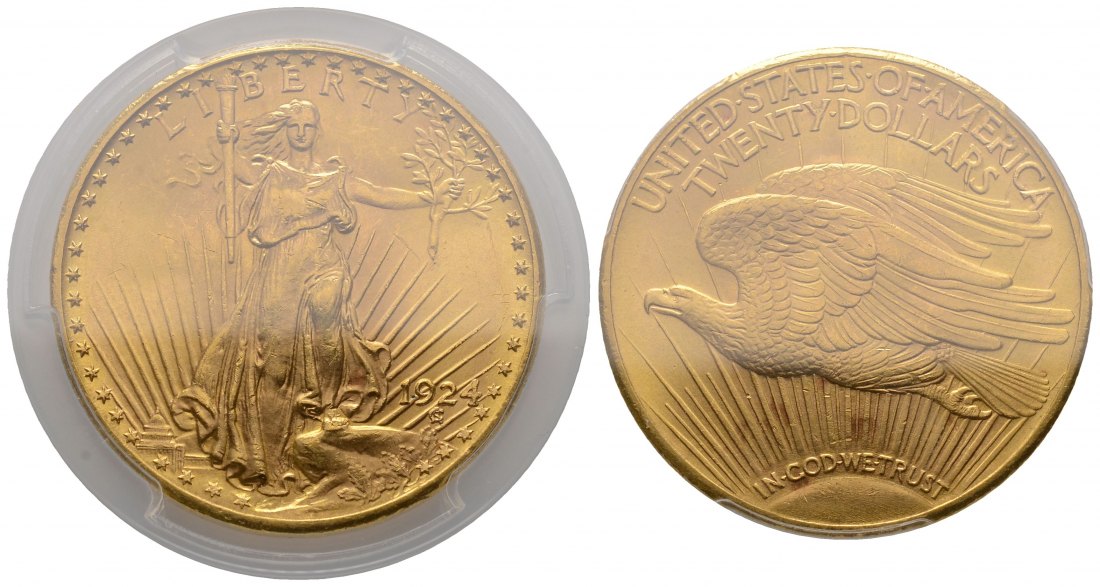 PEUS 4242 USA 30,1 Feingold. St. Gaudens in PCGS-Holder 20 Dollars GOLD 1924 PCGS-Bewertung MS64/Fast Stempelglanz