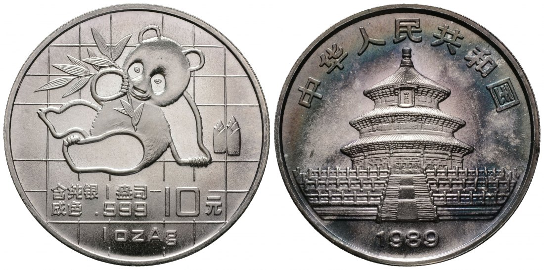 PEUS 4246 China 31,1 g Feinsilber. Sitzender Panda Gitterdesign 10 Yuan SILBER Unze 1989 Stempelglanz