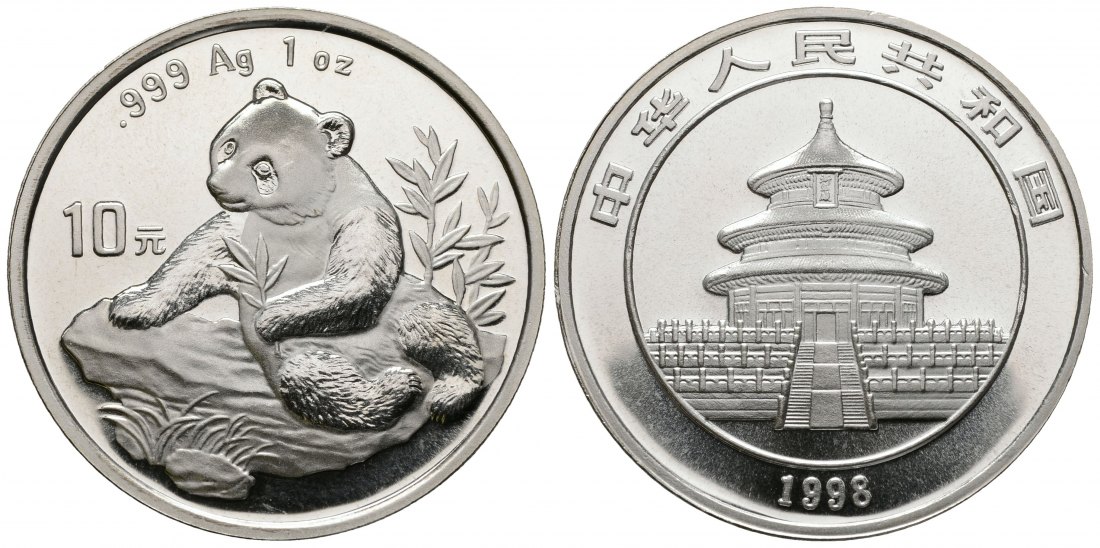 PEUS 4256 China 31,1 g Feinsilber. Sitzender Panda 10 Yuan SILBER Unze 1998 Uncirculated
