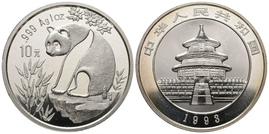 PEUS 4257 China Volksrepublik 31,1 g Feinsilber. Panda auf flachem Felsen 10 Yuan SILBER Unze 1993 Uncirculated