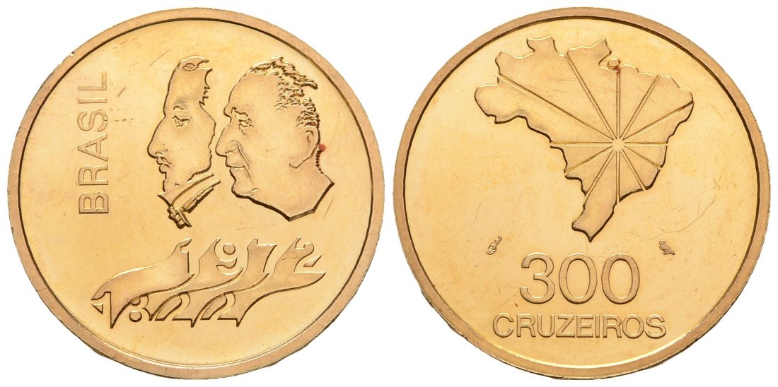 PEUS 4278 Brasilien 15,32 g Feingold. 150. Jahrestag der Unabhängigkeit 300 Cruzeiros GOLD 1972 Impaired Proof / Vorzüglich aus PP