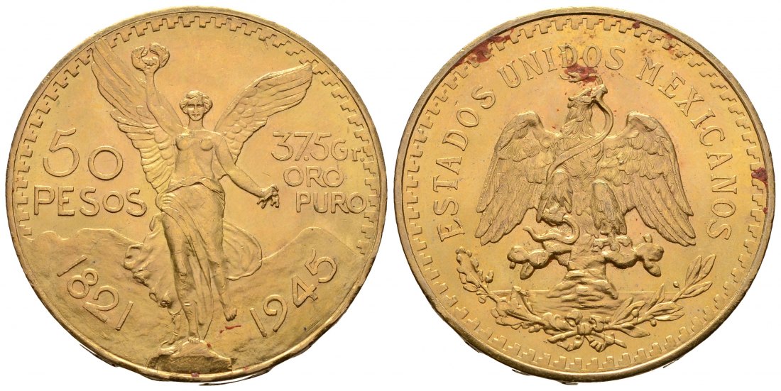 PEUS 4279 Mexiko 37,5 g Feingold. 50 Pesos GOLD 1945 Kl. Kratzer, Vorzüglich +