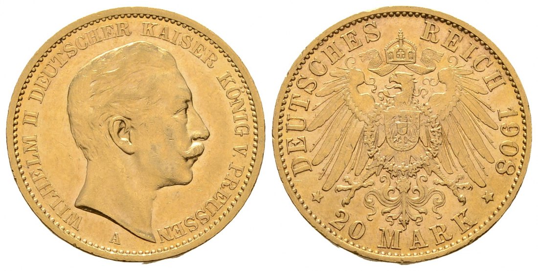 PEUS 4282 Kaiserreich - Preußen 7,16 g Feingold. Wilhelm II. (1888 - 1918) 20 Mark GOLD 1908 A Sehr schön / Vorzüglich