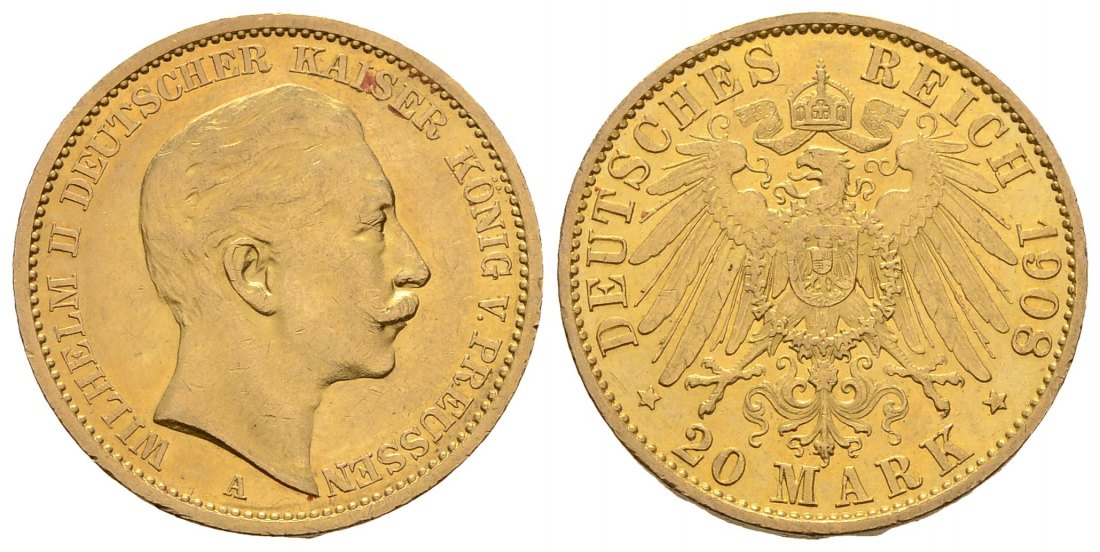 PEUS 4283 Kaiserreich - Preußen 7,16 g Feingold. Wilhelm II. (1888 - 1918) 20 Mark GOLD 1908 A Sehr schön +