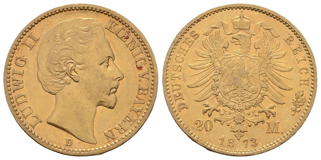 PEUS 4284 Kaiserrreich - Bayern 7,16 g Feingold. Ludwig II. (1864 - 1886) 20 Mark GOLD 1873 D München Sehr schön