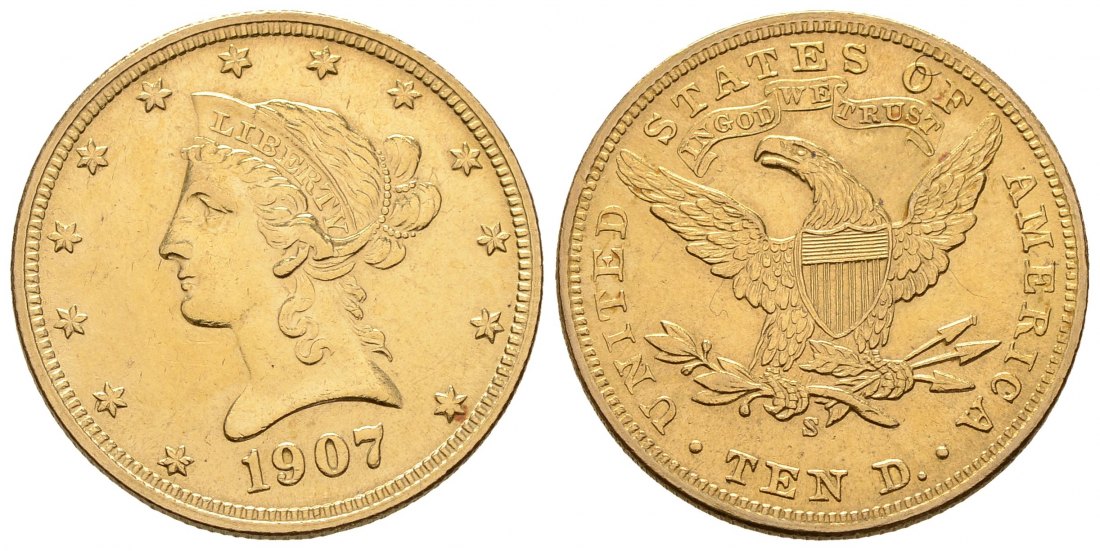 PEUS 4286 USA 15,05 g Feingold. Coronet Head 10 Dollars GOLD 1907 S Kl. Kratzer, fast Vorzüglich