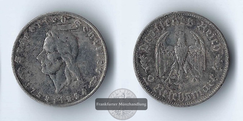  Deutschland, Drittes Reich  2 Reichsmark  1934 F  FM-Frankfurt  Feingewicht: 5g   